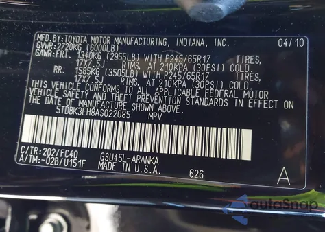 2010 Toyota Highlander Base V6 z USA, uszkodzony, nr VIN 5TDBK3EH8AS022085